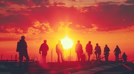 Fototapeta premium A silhouette of an engineer and construction workers working in the light flare of a pastel sunset, signifying dedication at Construction site