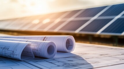 Rolled architectural plans are positioned upright in front of an array of solar panels, showcasing a commitment to sustainable building practices under bright sunlight