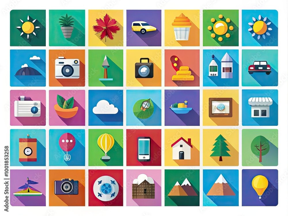 Poster vibrant collection of sensible icons representing various concepts in modern flat design style
