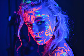 Black light photography of blond woman with neon glowing body art on her face and hands, black background, halloween concept
