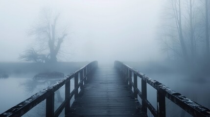 Fototapeta premium Foggy Bridge Over Calm Water in Mysterious Landscape