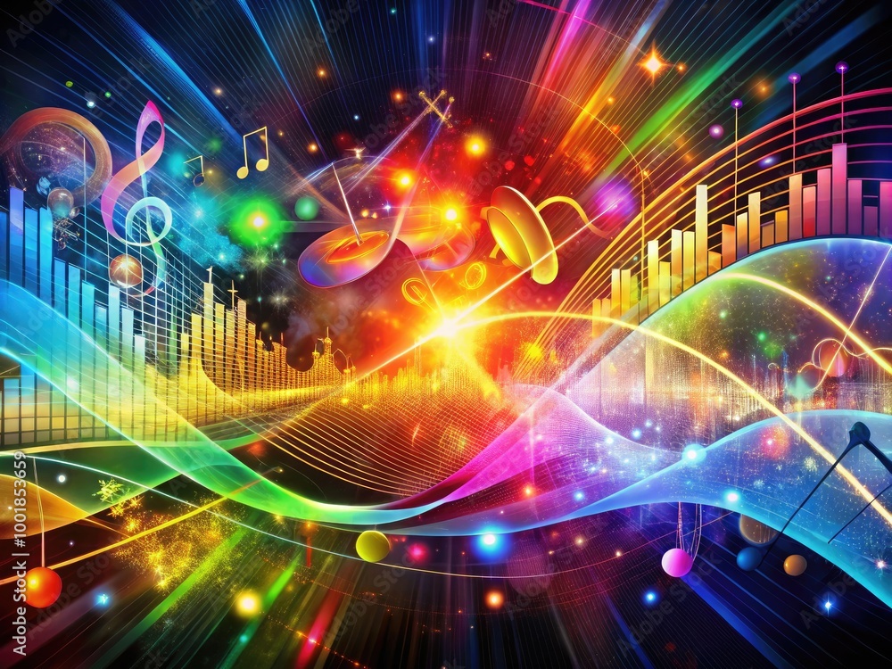 Poster vibrant digital music composition with notes, instruments, and colorful sound wave patterns on displ