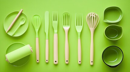 A green background with a variety of kitchen utensils and bowls