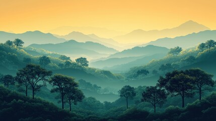 Flat nature background with silhouettes of trees and hills in green and yellow tones 
