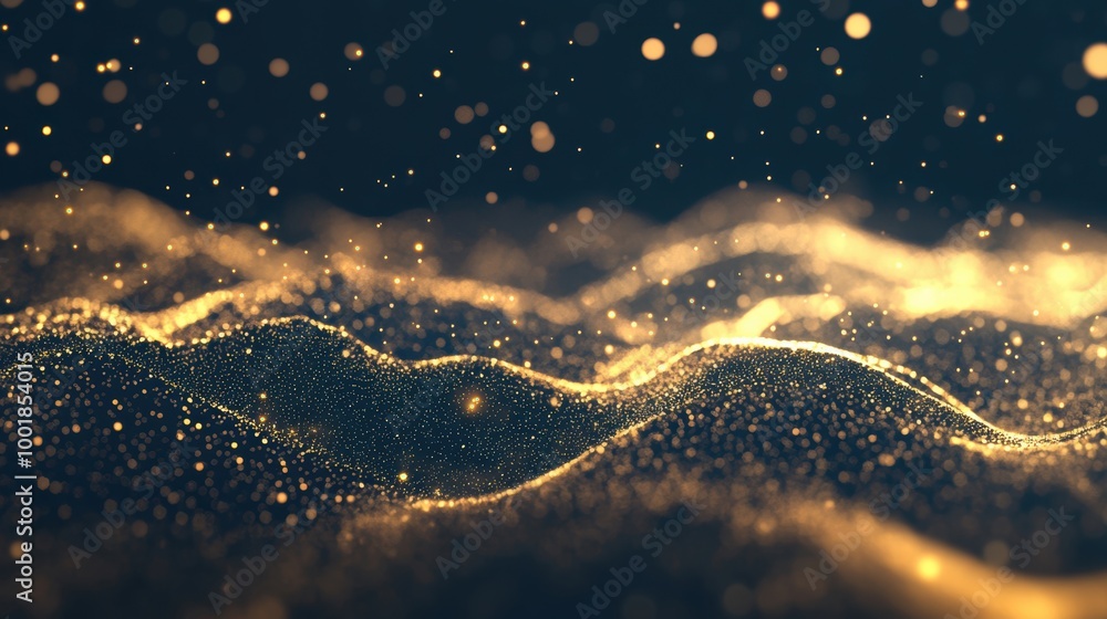 Poster a beautiful display of golden particles flows and undulates, lighting up the dark background with sh