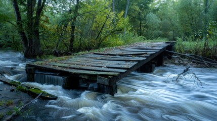 Fototapeta premium Abandoned Wooden Bridge Over Flowing Water