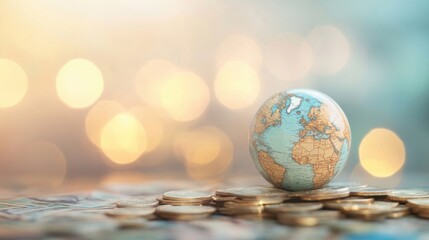 The globe symbolizes international economics while it rests on various coins, representing global trade and currency exchange