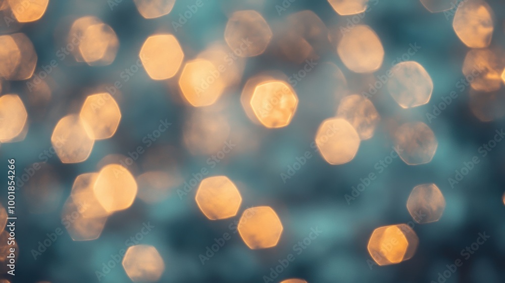 Poster a stunning display of golden hexagon bokeh lights twinkles softly, creating an enchanting and warm a