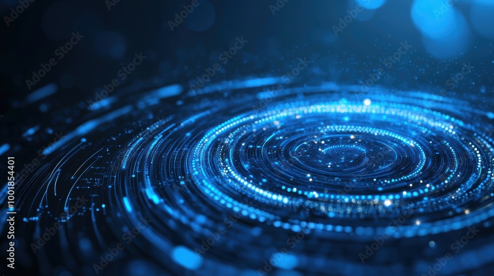 Poster this artwork features dynamic blue swirling patterns illuminated by digital lights, evoking a sense 