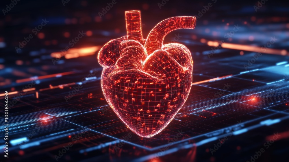 Poster a striking illustration of a human heart, visualized with glowing data patterns, representing advanc