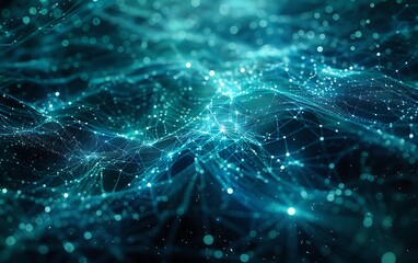 Network of Glowing Blue Lines Interwoven with Luminous Particles and Digital Fog