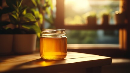 Honey jar on cozy wooden surface.