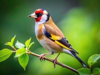 Vibrant Goldfinch Perched on a Branch Against a Soft Green Blurred Background in Nature's Beauty