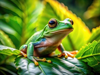 Fototapeta premium Vibrant Green Frog on Leafy Background in Nature with Soft Focus for Creative Design Projects