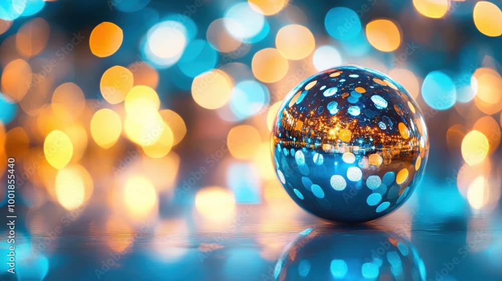 Poster the glass sphere reflects a stunning interplay of blue and orange light with a soft bokeh effect sur