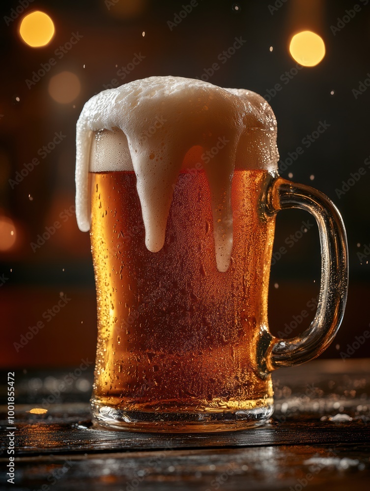 Poster Frothy beer mug overflowing with foam on a rustic wooden table in a cozy tavern setting at night. Generative AI