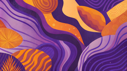 Dynamic abstract pattern featuring wavy lines and playful shapes in purple and orange