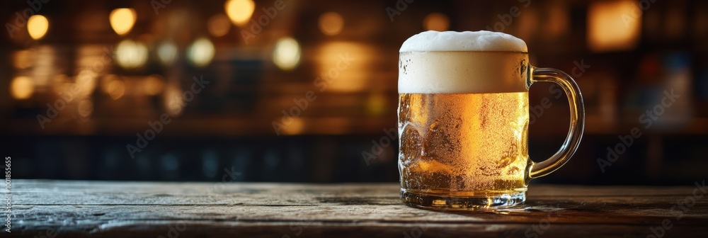 Aufkleber Frothy beer mug overflowing with foam on rustic wooden table in a cozy pub setting during the evening hours. Generative AI
