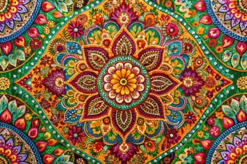 Vibrant Indian Textile Pattern Featuring Intricate Designs in Rich Colors and Traditional Motifs