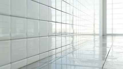 Glossy White Tile Wall with Reflective Floor Surface