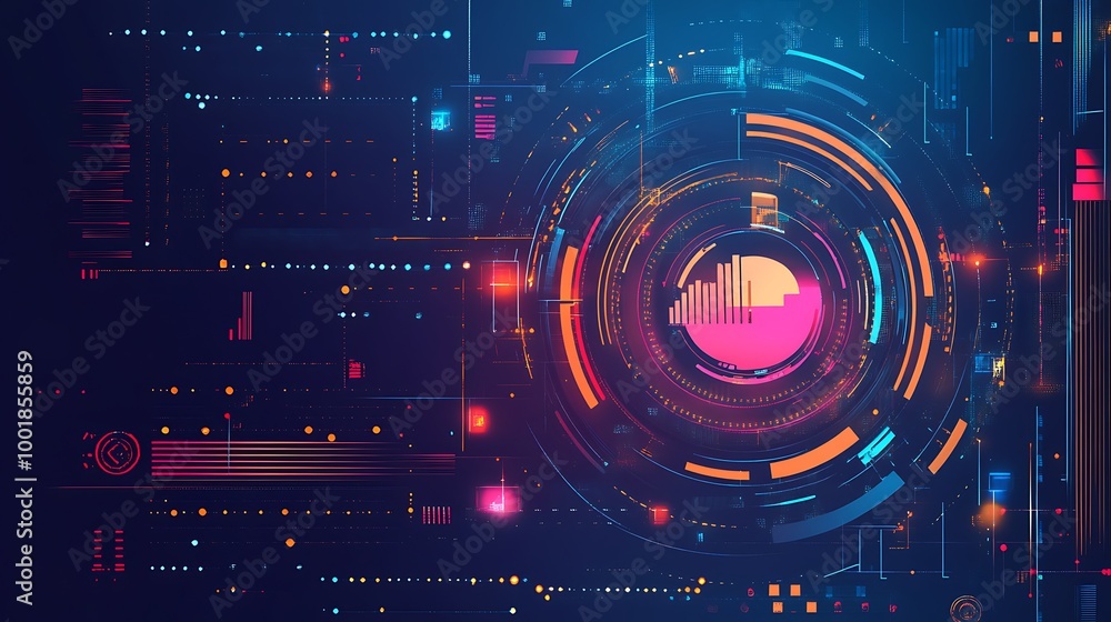 Poster abstract futuristic digital technology background with colorful hud elements.