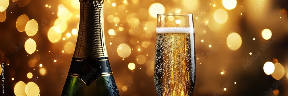Poster celebrate with a bottle of champagne and a flute filled with bubbly sparkling wine against a glimmer