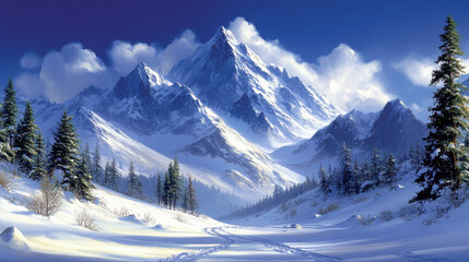 Fototapeta premium Snowy mountain range with footprints in the snow.