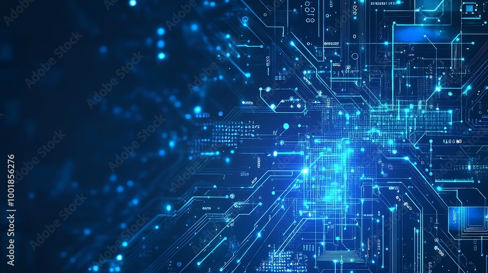Fototapete Abstract digital technology background with glowing circuit board and binary code.