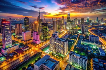 Obraz premium Vibrant Nighttime Skyline of Bangkok, Thailand Showcasing Colorful City Lights and Modern Architecture