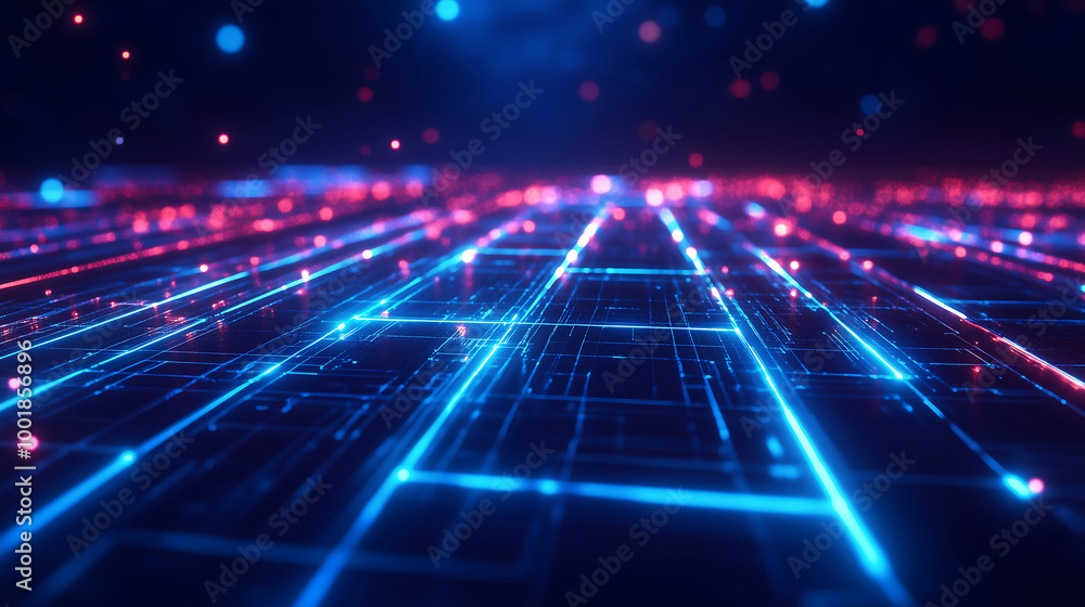 Poster abstract digital grid with glowing neon lines futuristic network and cyber landscape