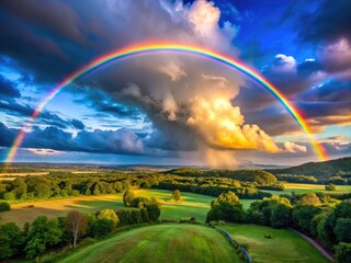 Fototapeta premium Vibrant Rainbow Arching Across the Sky After a Refreshing Rainstorm in a Serene Landscape