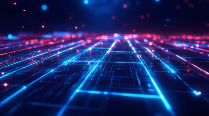 Fototapeta premium Abstract digital grid with glowing neon lines futuristic network and cyber landscape