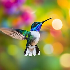 Energetic hummingbird captured in flight surrounded by bright colors image