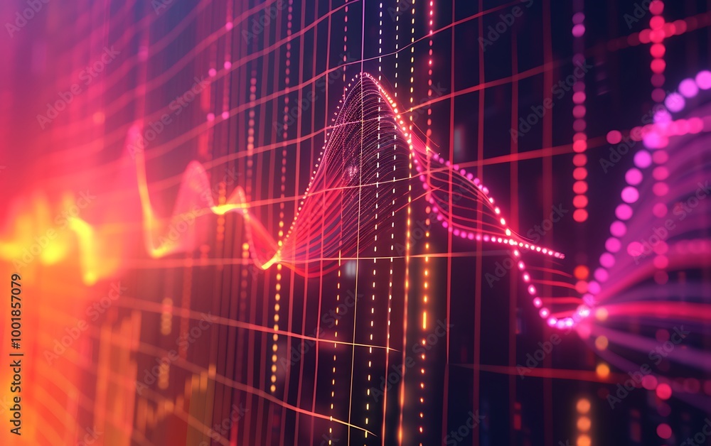 Poster volatility chart with bright fluctuating lines representing market spikes