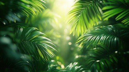 Tropical leaves pattern background with lush green palm fronds and bright lighting 