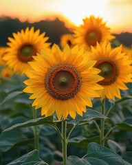 Fototapeta premium Vibrant Sunflowers Against a Sunset Sky