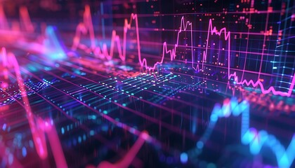 Obraz premium Financial Market Graph Animation with Vibrant Peaks and Dips in Neon Colors