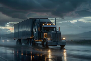 Gray big rig semi truck with turned on headlights on the highway on a rainy day