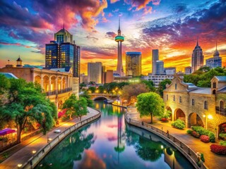 Vibrant San Antonio Cityscape Illustration Featuring Iconic Landmarks and Cultural Elements in Color