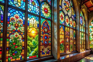 Vibrant Stained Glass Windows Showcasing Intricate Designs and Colorful Patterns in Natural Light