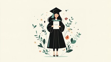 A girl in a graduation gown proudly wearing a bachelor's hat, holding her graduation certificate surrounded by vibrant flowers and leaves. The illustration features a minimalistic flat vector style, 