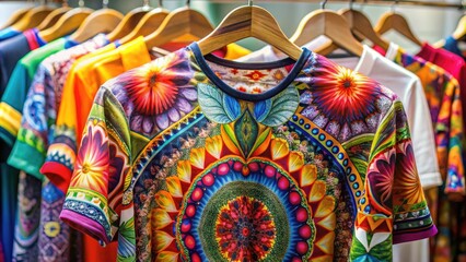 Vibrant Sublimation Shirt Displayed on a Hanger with Colorful Patterns and Textures for Fashion Design