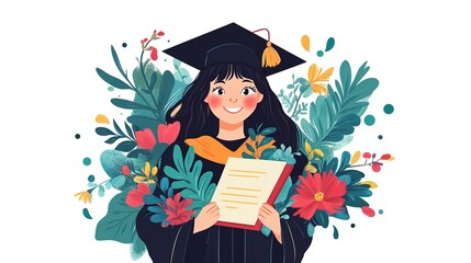 A girl in a graduation gown proudly wearing a bachelor's hat, holding her graduation certificate surrounded by vibrant flowers and leaves. The illustration features a minimalistic flat vector style, 