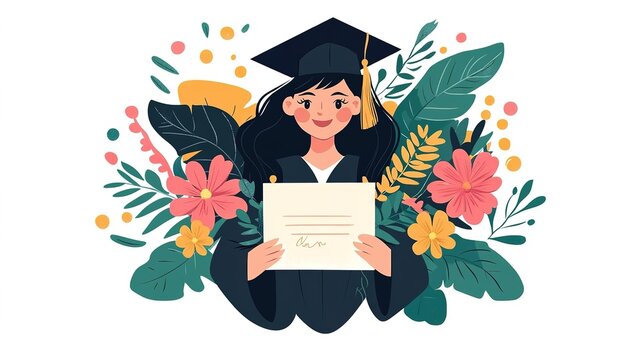 A girl in a graduation gown proudly wearing a bachelor's hat, holding her graduation certificate surrounded by vibrant flowers and leaves. The illustration features a minimalistic flat vector style, 