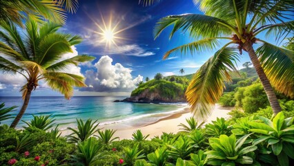 Fototapeta premium Vibrant Summer Wallpaper Backgrounds Featuring Sunlit Beaches, Tropical Plants, and Clear Skies