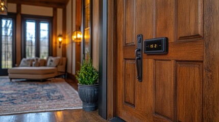 Obraz premium Alarm system keypad next to the front door inside a modern home 