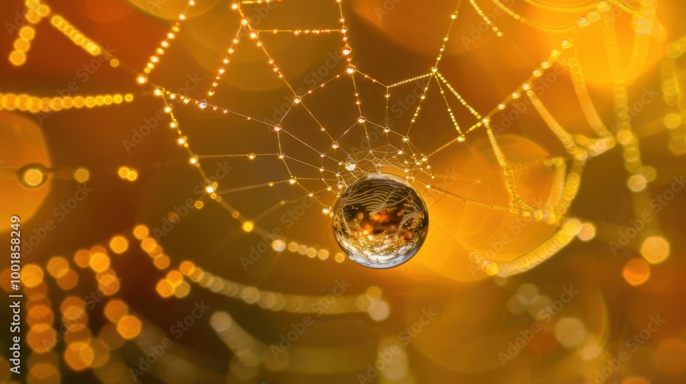 Poster golden web with dew drop in soft light