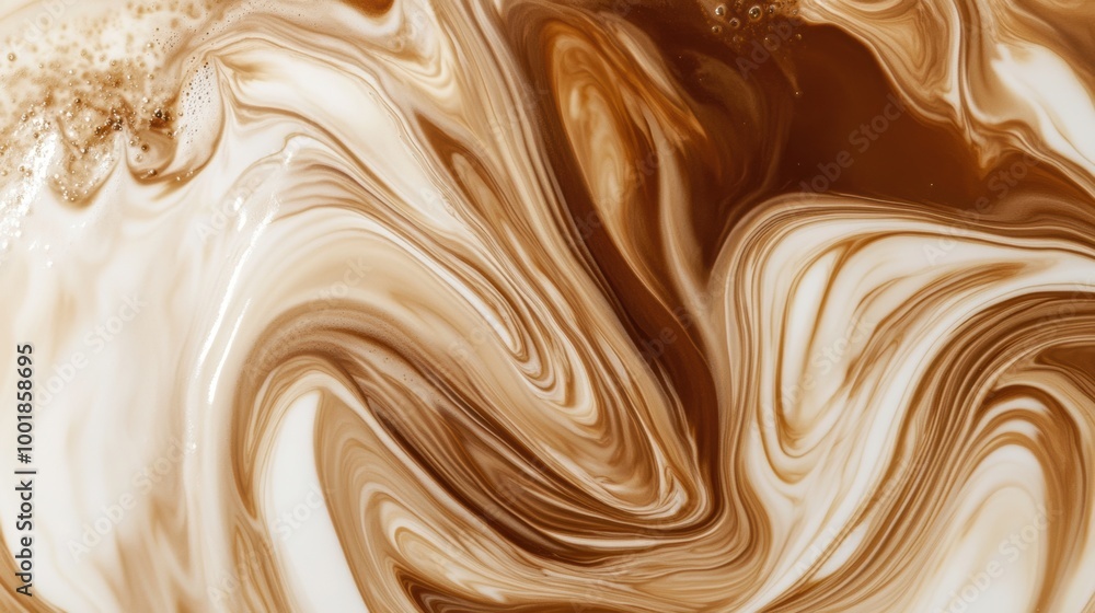 Leinwandbilder swirling coffee blends with milk creating an abstract pattern in a warm kitchen setting during morni