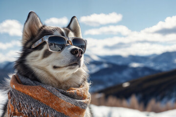 Alaskan Malamute dog skiing on a snowy mountain, equipped with goggles and scarf.