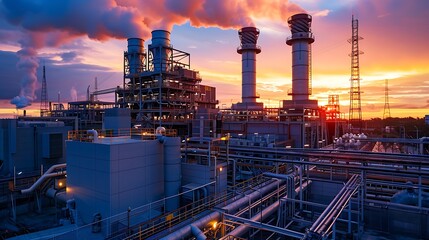 Gas turbine electrical power plant at sunset